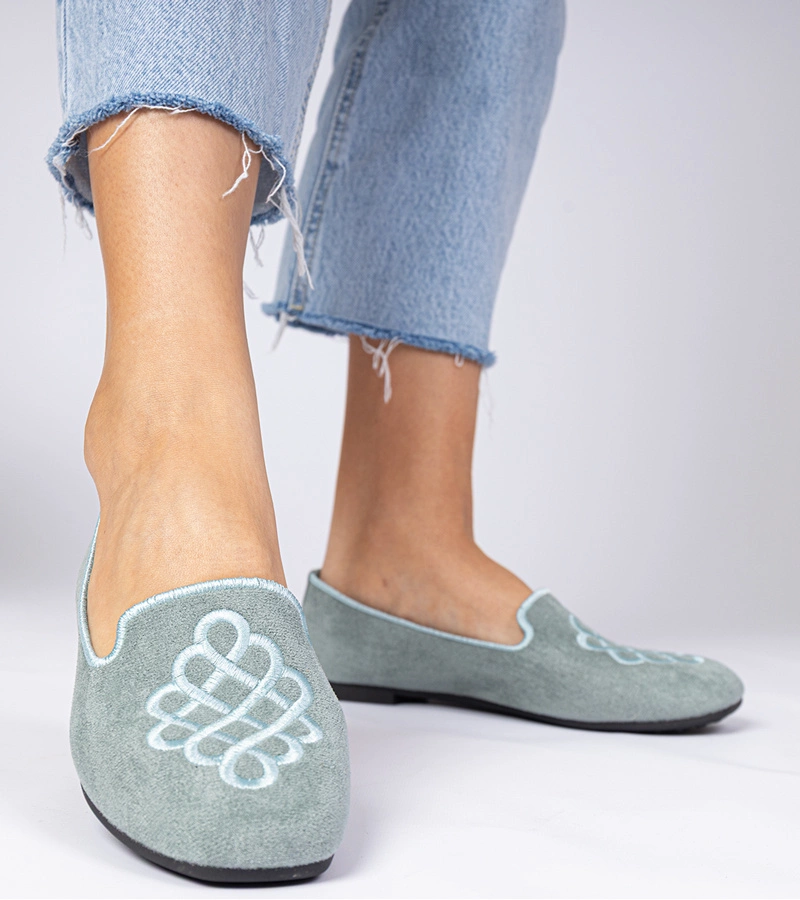 Zöld női hímzett ökobőr balerina Ronna