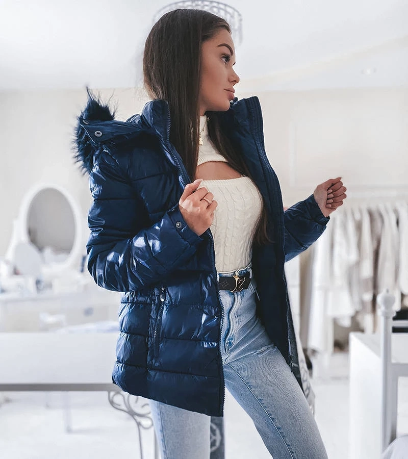 Poisson sötétkék dzseki szőrmés kapucnival