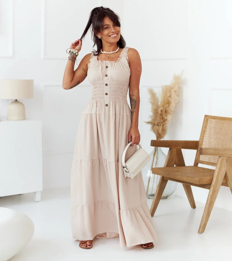 Hildi bézs maxi ruha vállpántokkal