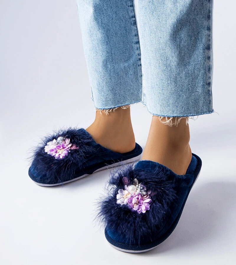 Moly virágos meleg sötétkék papucsok