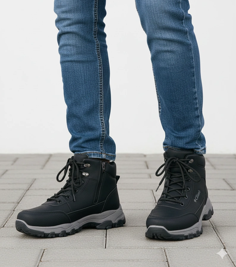 Fekete, bélelt, megemelt talpú férfi bakancs Pedro