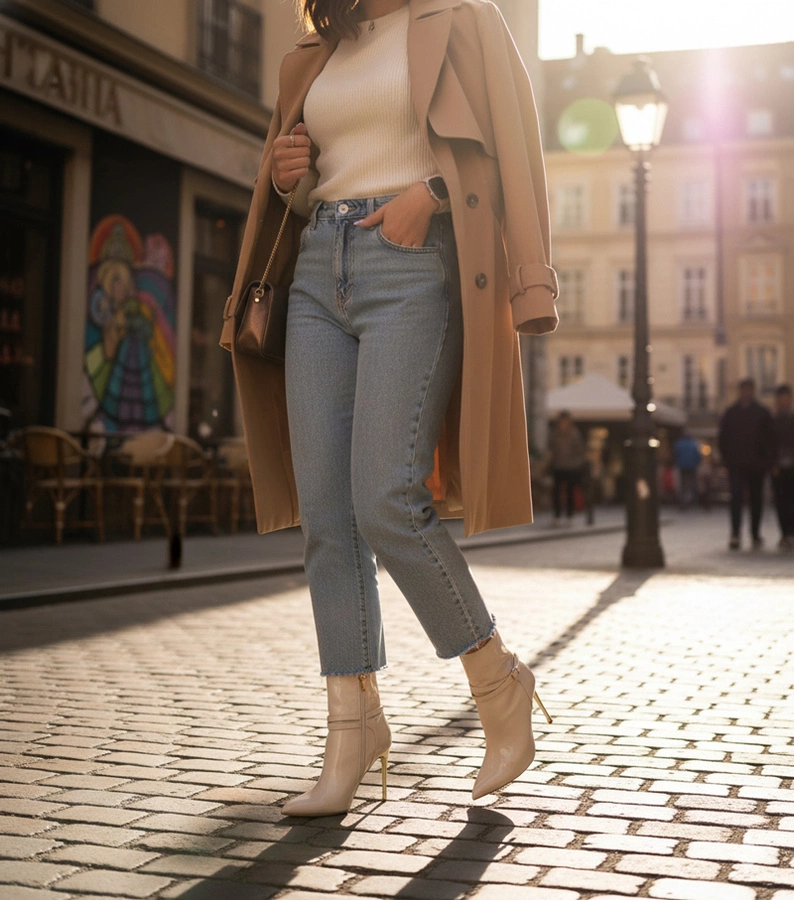 Krém bokacsizma arany csillogó tűsarokkal Carmila