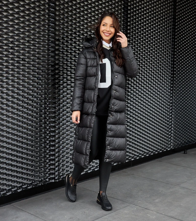 Fekete hosszú kabát levehető kapucnival Fela MV-892/01 BLACK