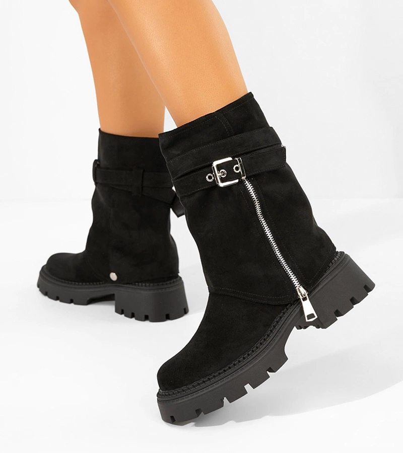 Fekete bokacsizma levehető szárú, díszes cipzárral Edna