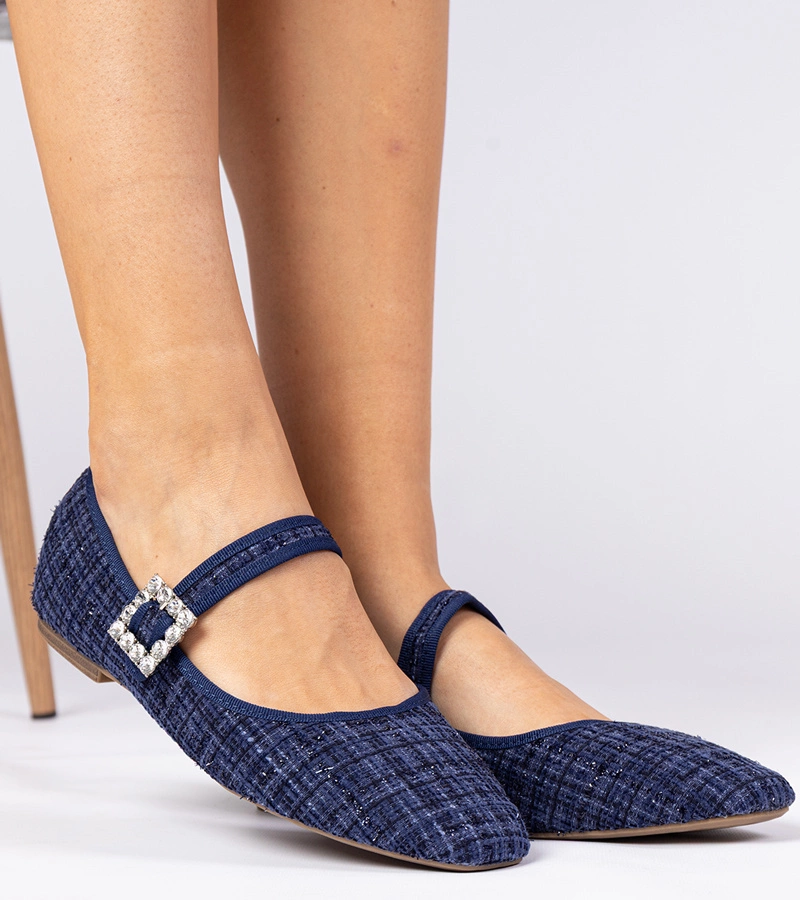 Sötétkék női balerinacipők csattal és kristályokkal Piona