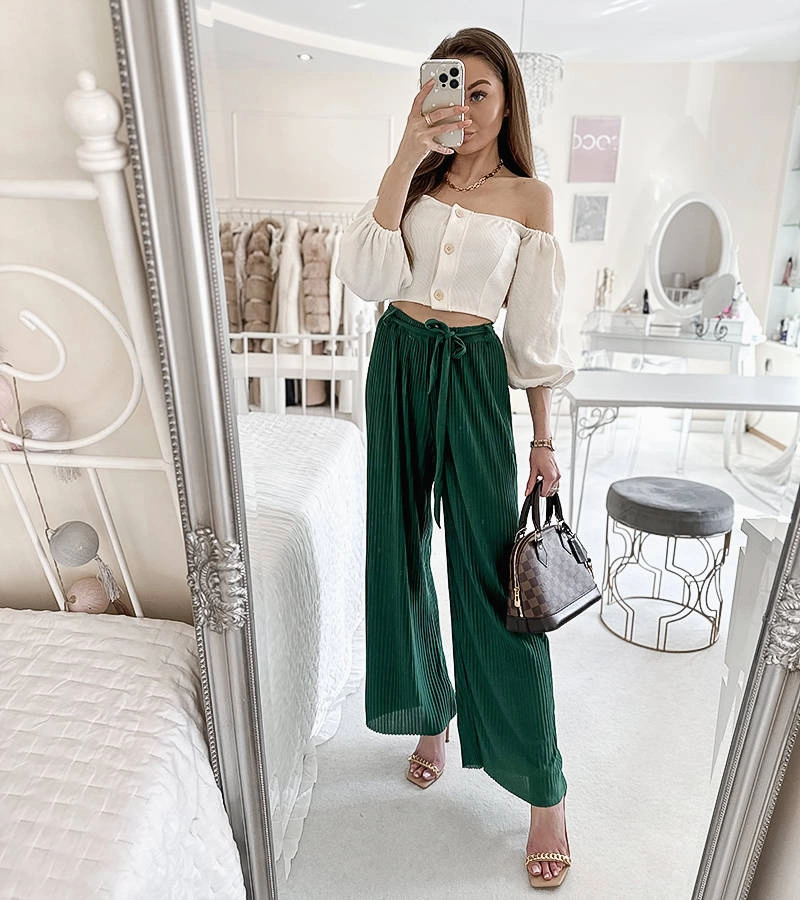 Zöld pliszírozott Claudette nadrág