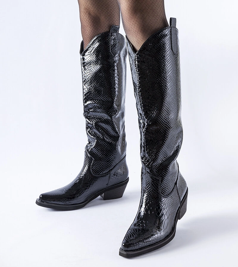 Fekete fényesített melegített cowboy csizma Chapin