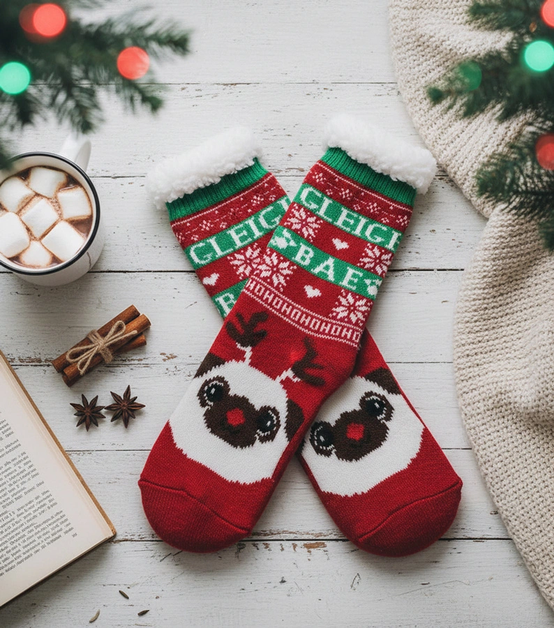 Piros melegített zokni Challi kutyával