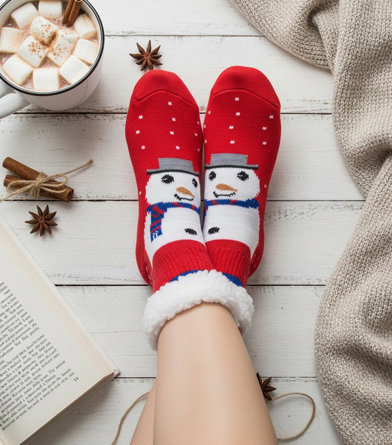 Piros melegített zokni a Challi hóemberrel