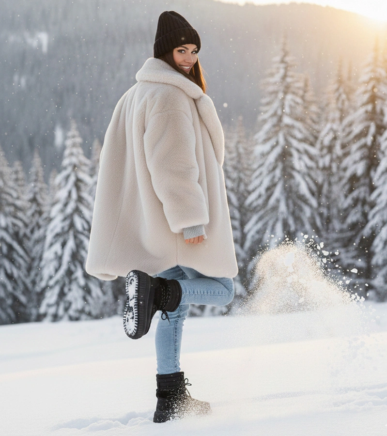 Fekete, fűzős, szőrmés platform hócsizmák Lydia